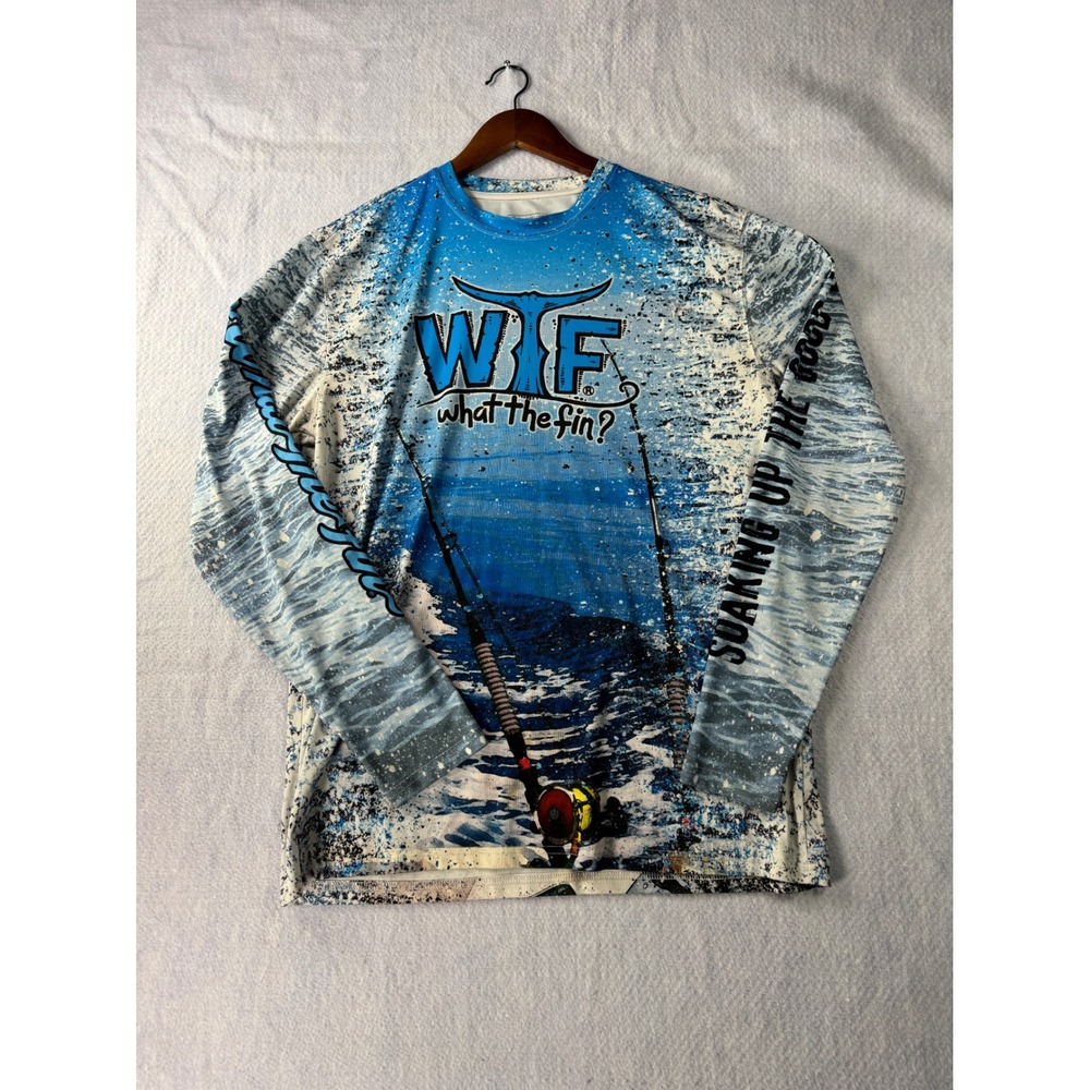 What The Fin Mens Large Blue Fishing Performance Shirt Long Sleeve Graphic WTF
